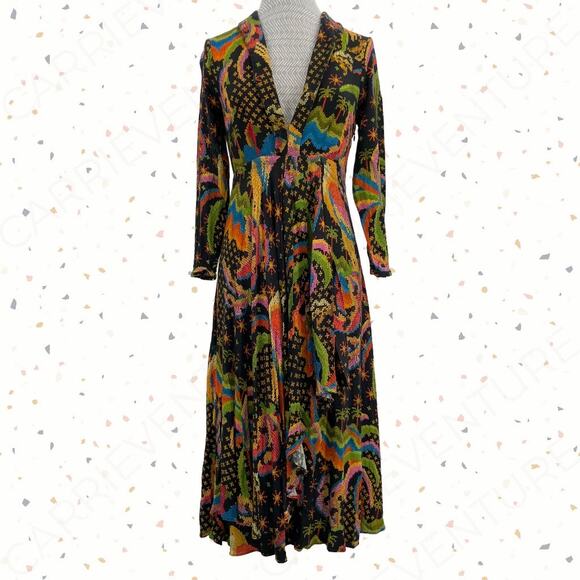 Farm Rio Flowy Maxi Dress Macaw Island Tropical Cross Stitch Print Long Sleeve S - Picture 1 of 15